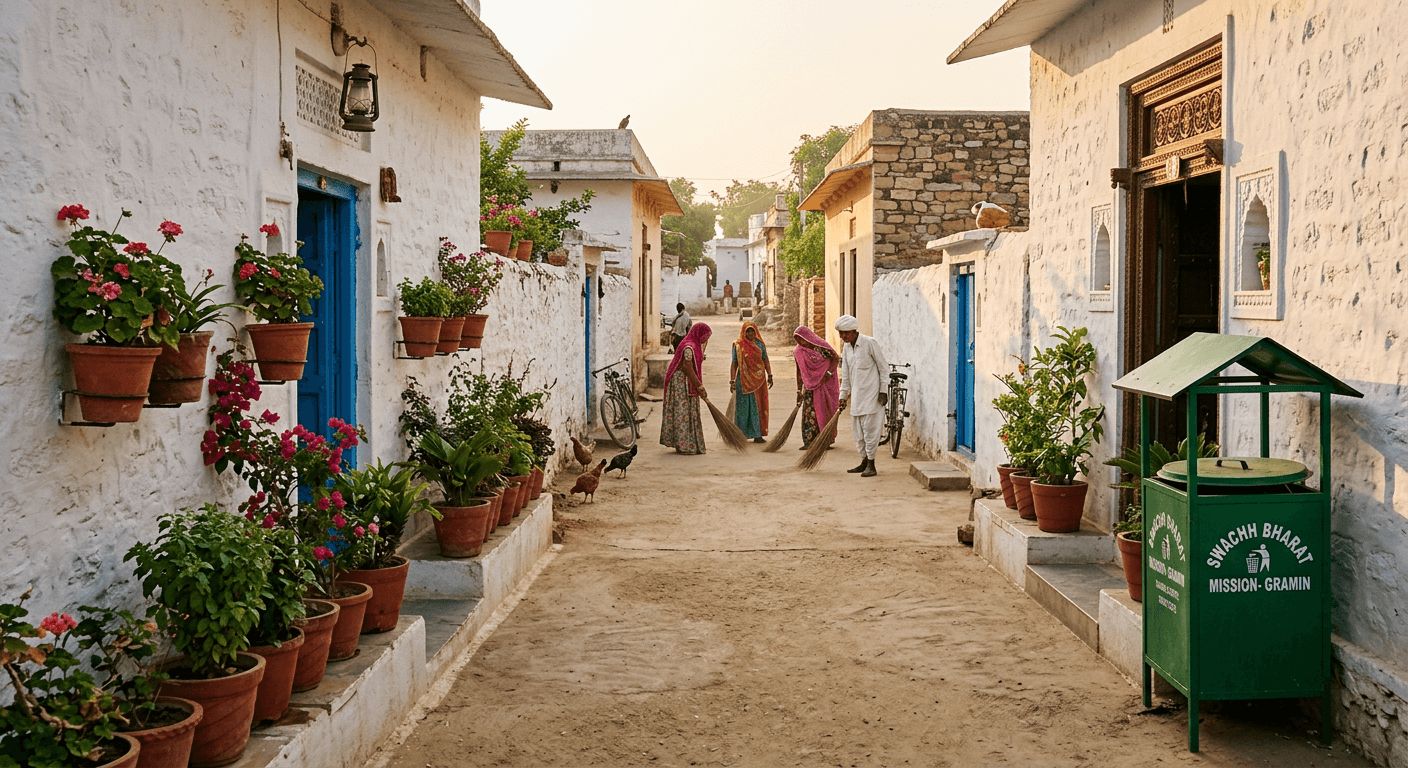 A clean, whitewashed village lane with volunteers sweeping