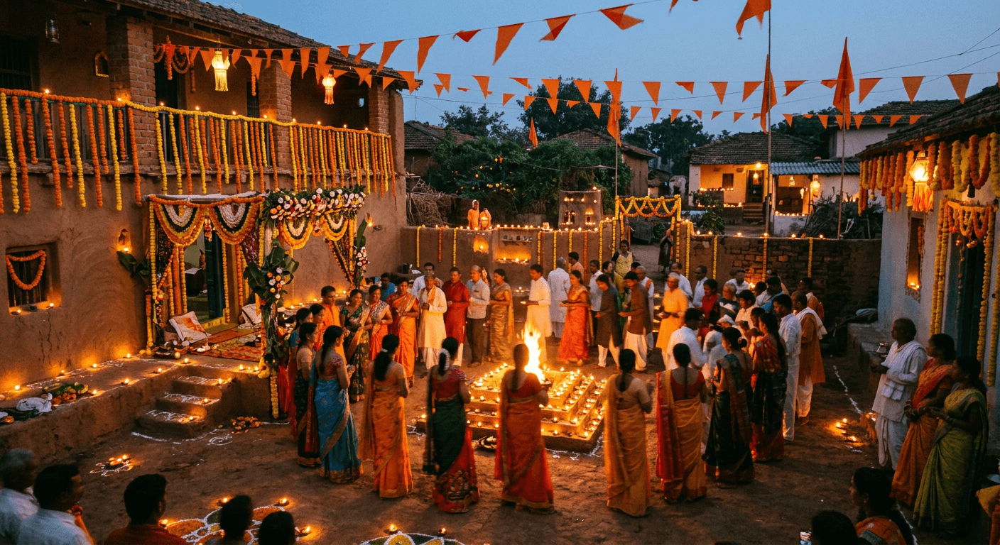 Village courtyard decorated with marigold garlands and lamps for a festival
