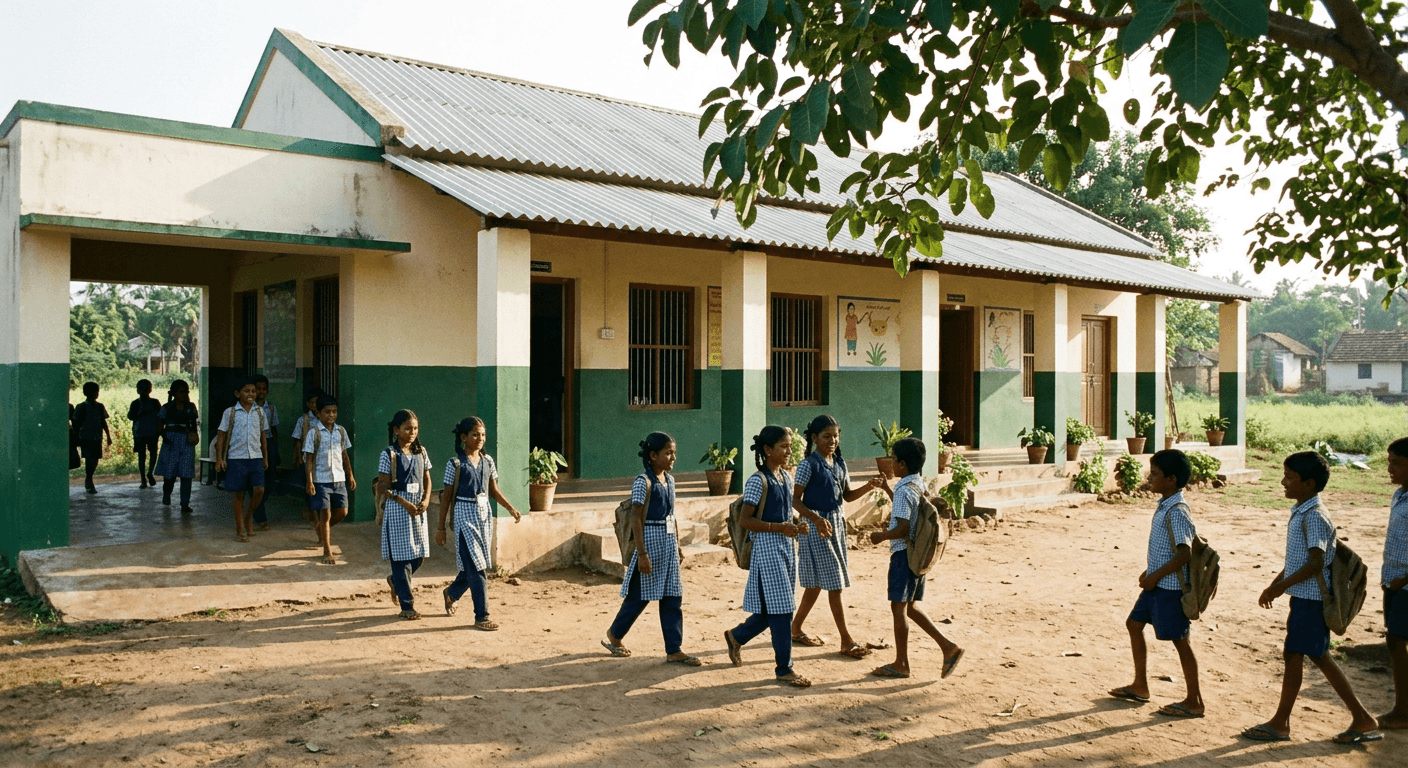 Children walking in the courtyard of a rural school building
