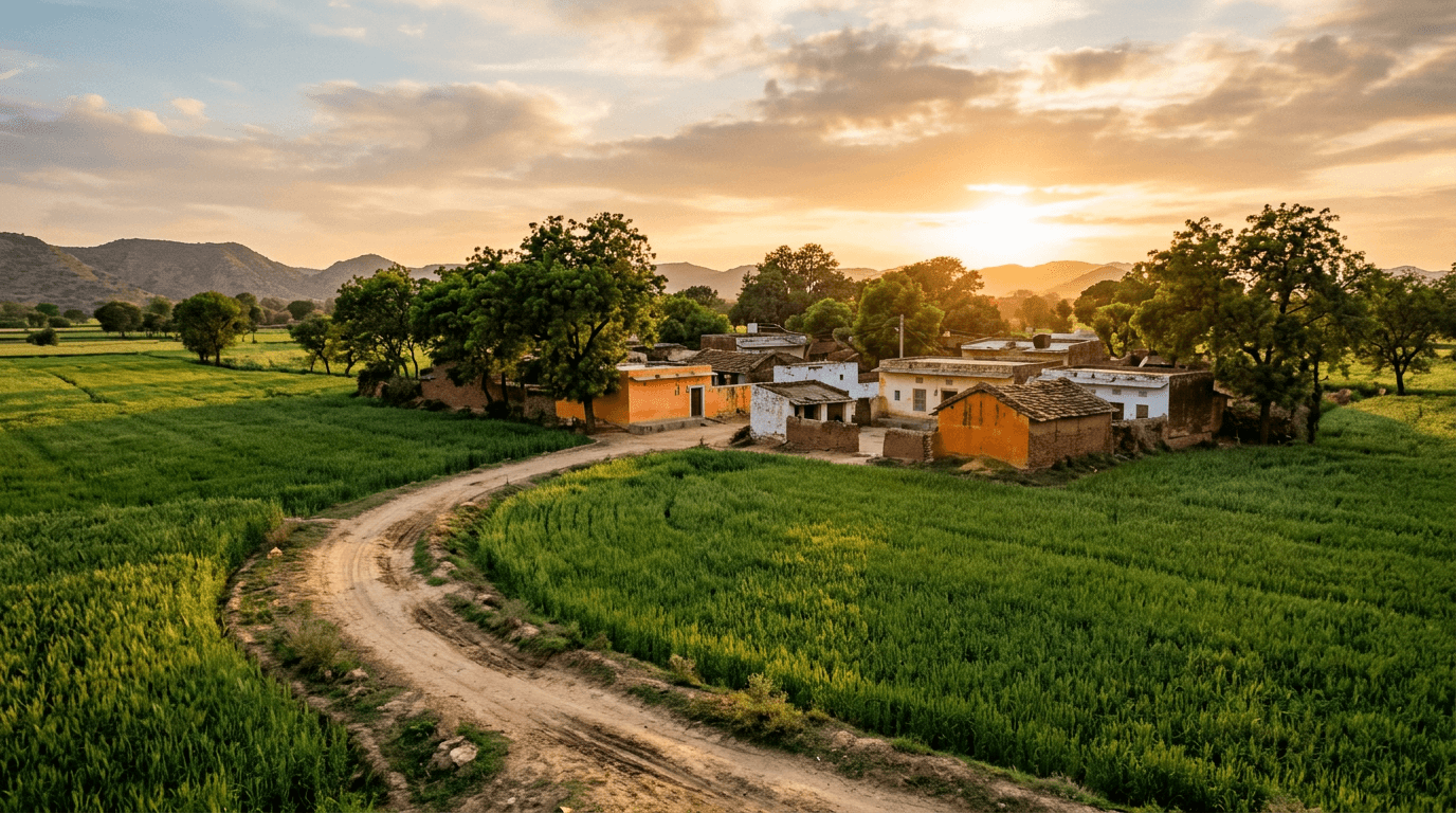 Green fields and village homes at golden hour